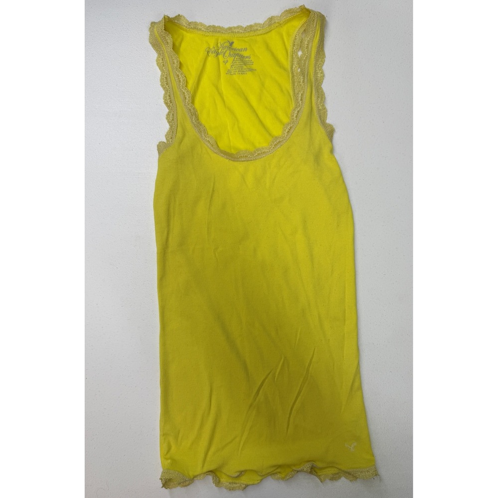 American Eagle Outfitters Yellow Ribbed Lace Trim Tank Top Small S/P Sleeveless